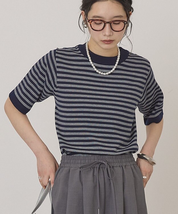 AMERICAN HOLIC ボーダーハーフスリーブニットプルオーバー Navy