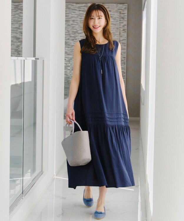Tiaclasse 【洗える】ピンタックロングワンピース ネイビー