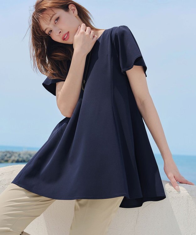 Tiaclasse L 【おのののかさん着用】半袖＆七分袖選べる袖丈バックフレアチュニック 半袖ネイビー