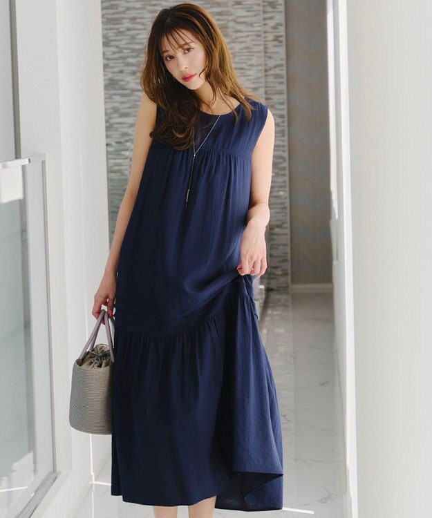 Tiaclasse 【洗える】ピンタックロングワンピース ネイビー