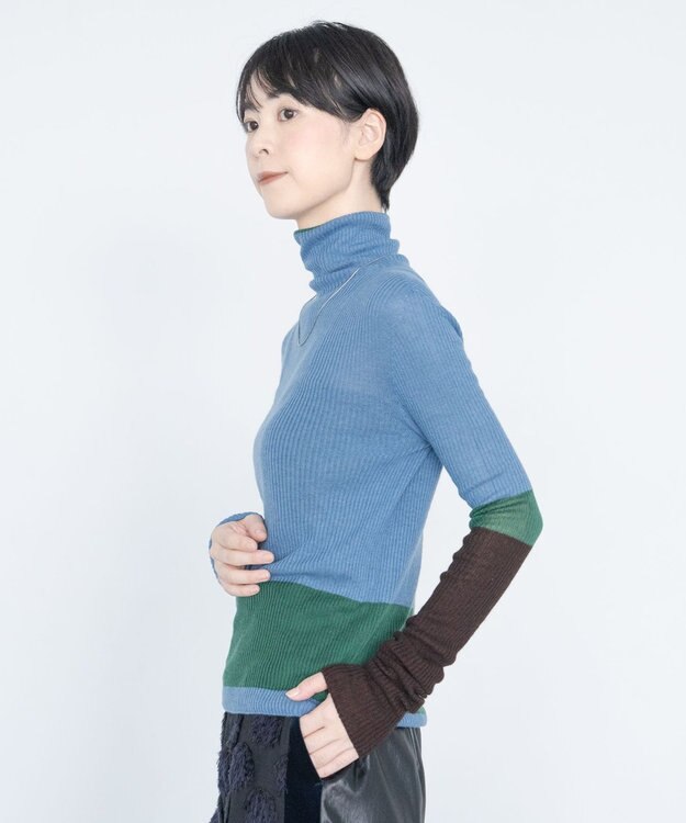 COQ AIR SILK CASHMERE BORDER カシミヤシルク タートルネックニット ブルー