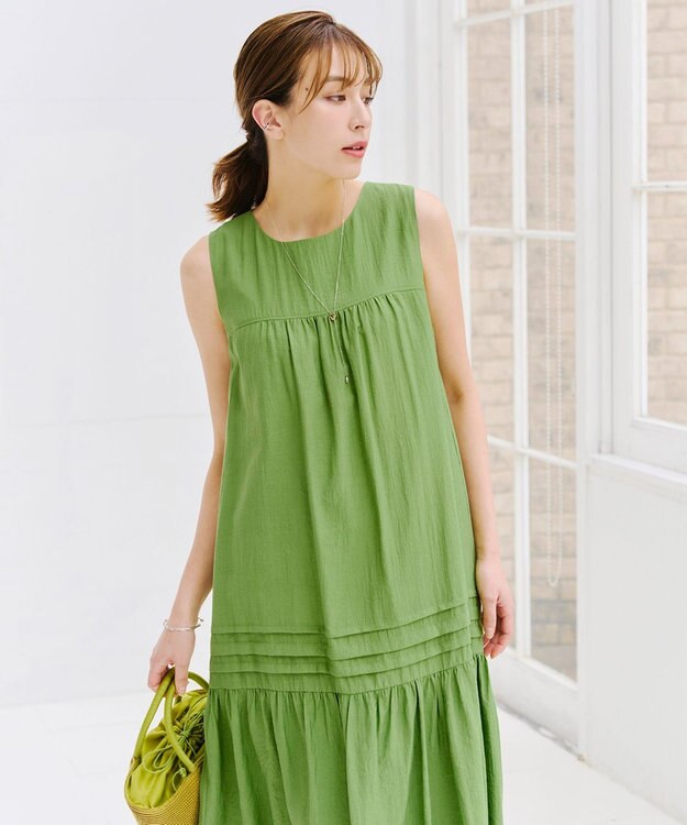 Tiaclasse 【洗える】ピンタックロングワンピース グリーン