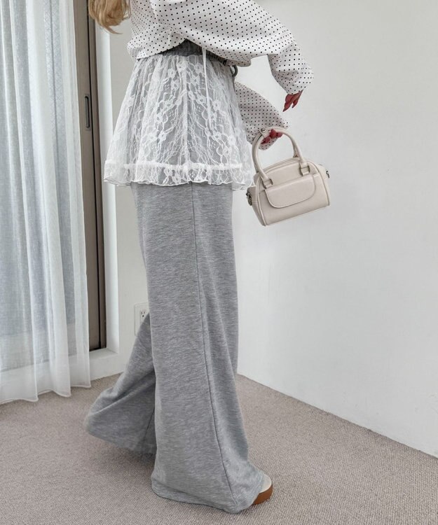 WEGO 【ウエストゴム】レースレイヤードスウェットパンツ 杢グレー
