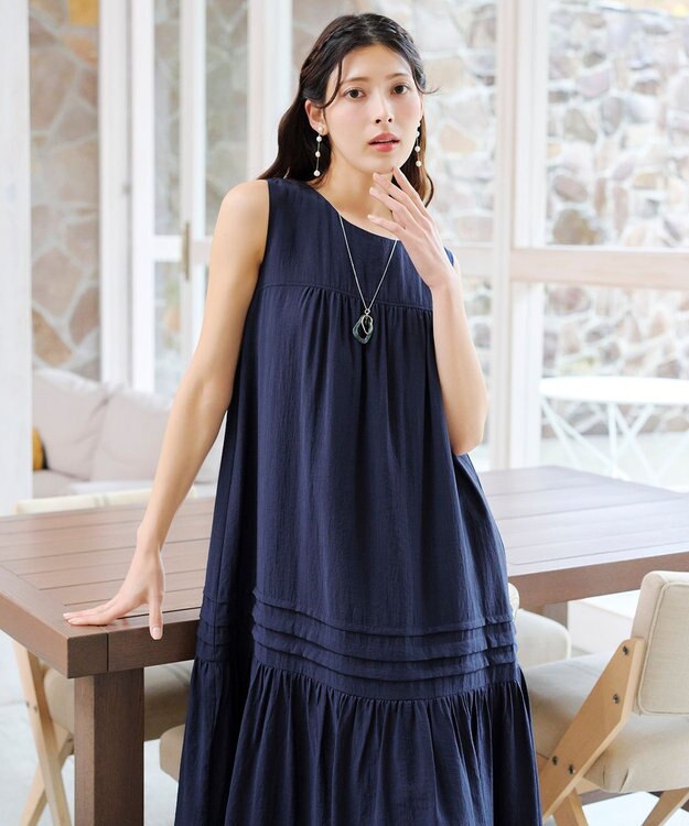 Tiaclasse 【洗える】ピンタックロングワンピース ネイビー