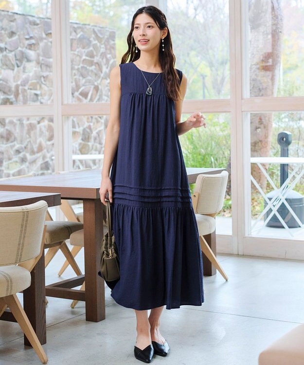 Tiaclasse 【洗える】ピンタックロングワンピース ネイビー