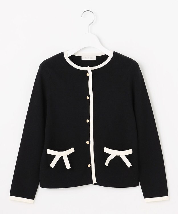 Feroux バイカラーリボンニット カーディガン ブラック系