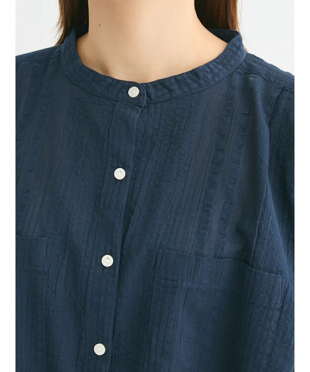 Green Parks インド綿  バンドカラーデザイン５分袖シャツ Dark Navy