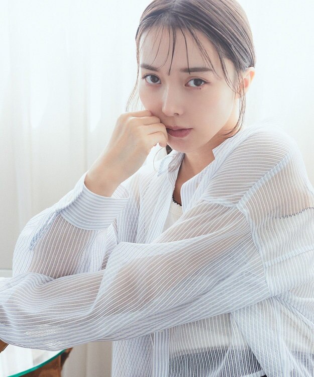 earth music&ecology メッシュストライプショートシャツ Sax