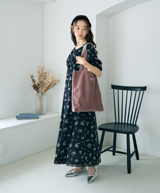 earth music&ecology レース切替フラワーロングワンピース Black