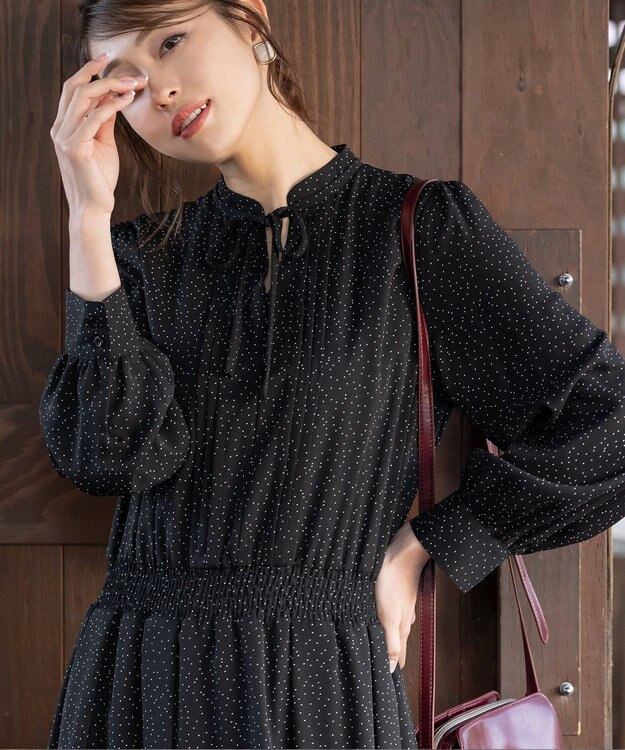 Tiaclasse 【洗える】細リボンギャザーワンピース ブラックドット