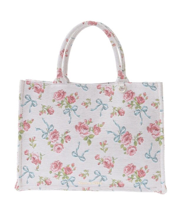 Maison de FLEUR ローズリボン柄ゴブランスクエアトートMバッグ Off White