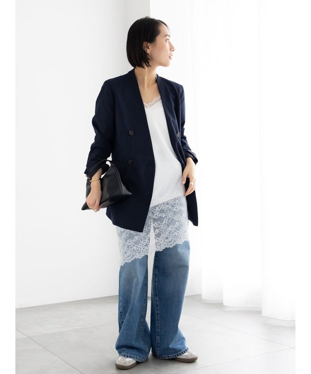 Te chichi ノーカラーダブルブレストジャケット ネイビー