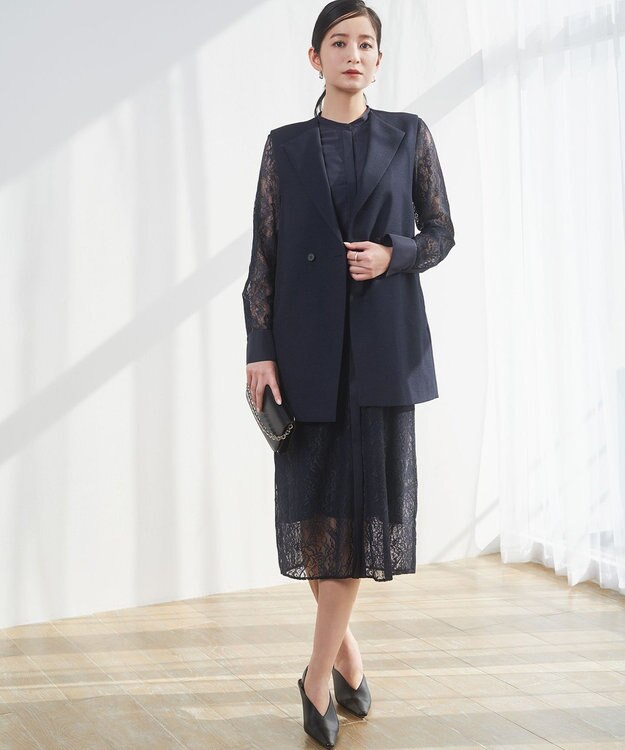 ICB 【洗える】ナイロンラッセルレース シャツワンピース ネイビー系