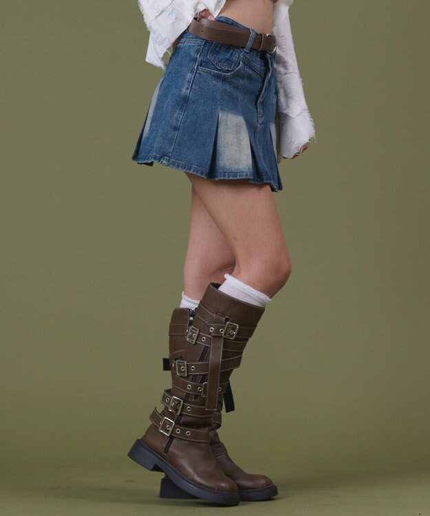 WEGO タックプリーツデニムミニスカパン デニム中濃色