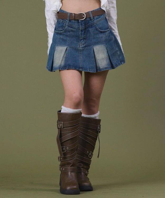 WEGO タックプリーツデニムミニスカパン デニム中濃色