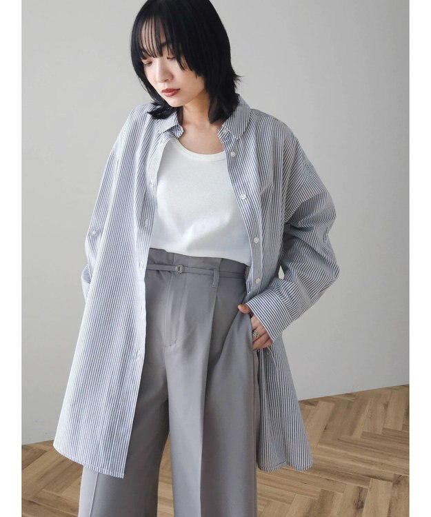 Green Parks 綿麻混タブ付オーバーサイズシャツチュニック Stripe Black