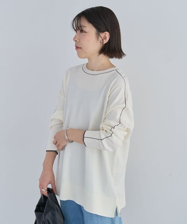 Green Parks アンチピリングライン入りニットプルオーバー Ivory