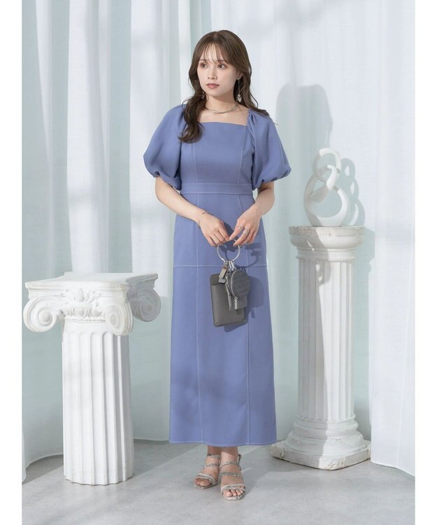 earth music&ecology 配色ステッチパフスリーブワンピース Black