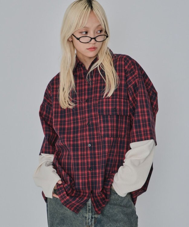 WEGO 【ユニセックス着用ITEM/MLサイズ展開】チェックレイヤードシャツ（LS） レッドチェック1