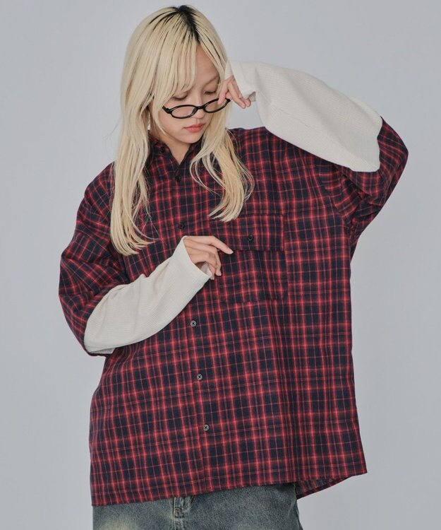 WEGO 【ユニセックス着用ITEM/MLサイズ展開】チェックレイヤードシャツ（LS） レッドチェック1