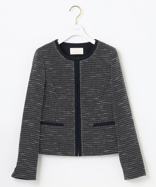 ANY SIS リップルボーダーストレッチ ノーカラージャケット シャンブレーネイビー