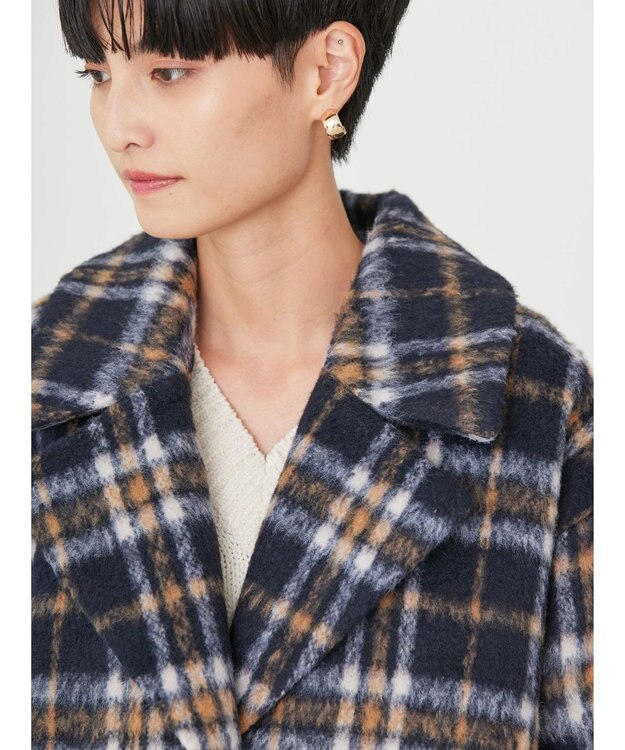 AMERICAN HOLIC チェックコクーンミディコート Check Navy