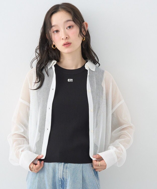 earth music&ecology メッシュストライプショートシャツ Off White