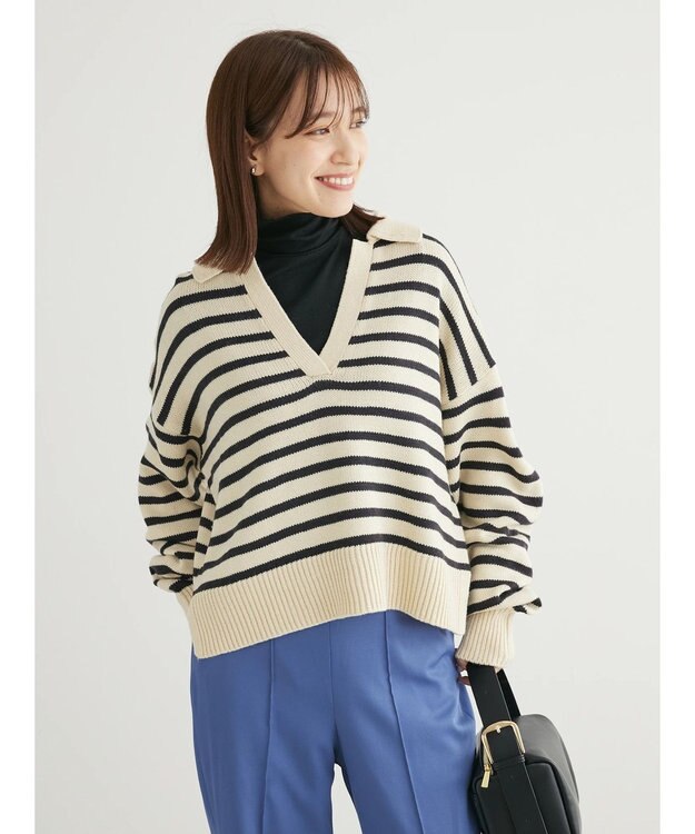 Green Parks キーネックボーダープルオーバー Off White