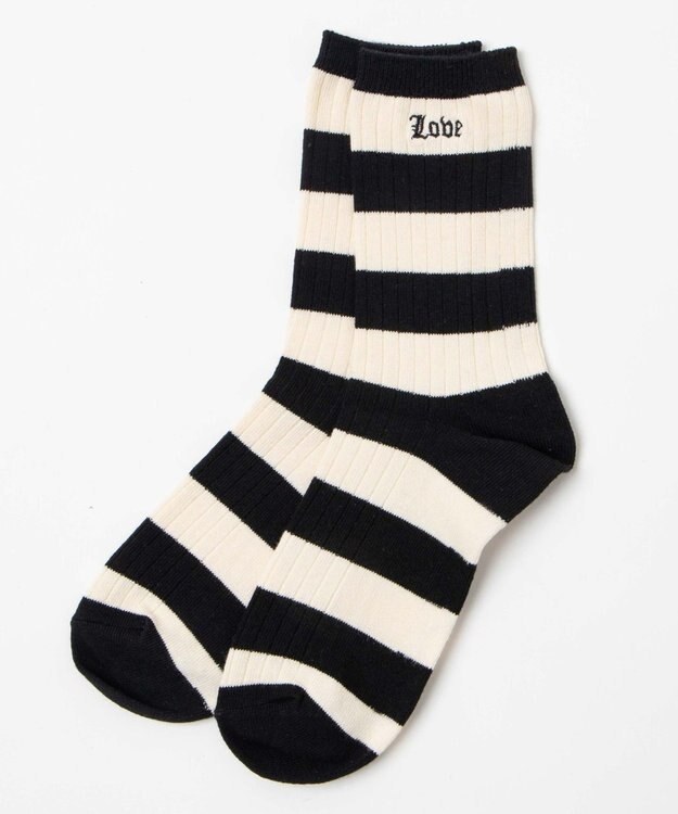WEGO ロゴ刺繍ボーダークルーソックス ブラック