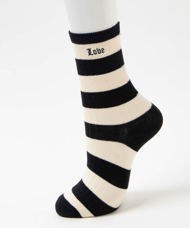 WEGO ロゴ刺繍ボーダークルーソックス ブラック