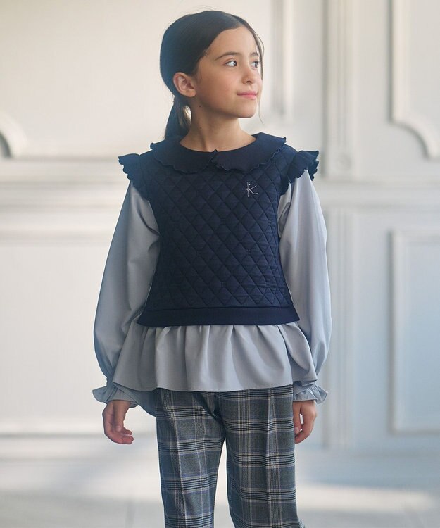 組曲 KIDS 【110-140㎝】フラワーキルトレイヤード トップス ネイビー系