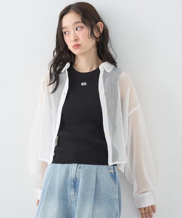 earth music&ecology メッシュストライプショートシャツ Off White