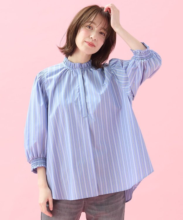 ANY L 【接触冷感/UVカット/抗菌防臭/速乾】エニイファンクション シャーリングブラウス ブルーランダムストライプ