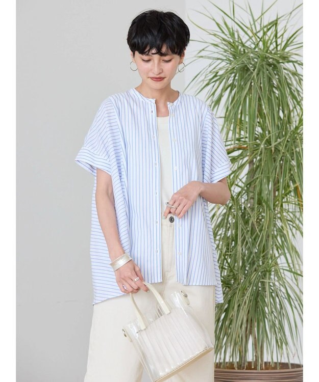 AMERICAN HOLIC 接触冷感フレンチスリーブ切り替えフレアブラウス Stripe Ivory