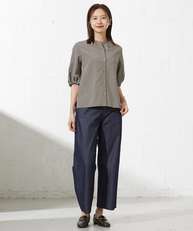 J.PRESS LADIES 【洗える】バイカラーギンガム&ストライプ ブラウス ブラック系3