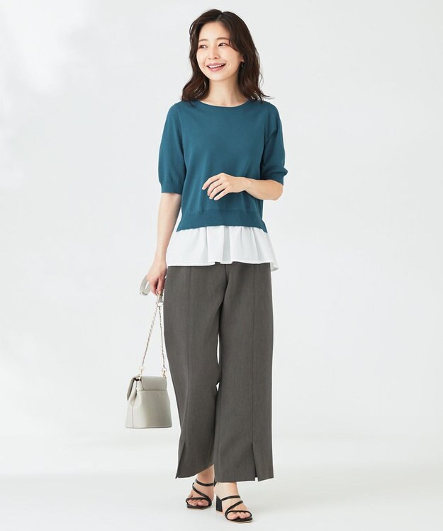 ANY SIS 【洗える】シャツテール ニットＴシャツ ダークグリーン