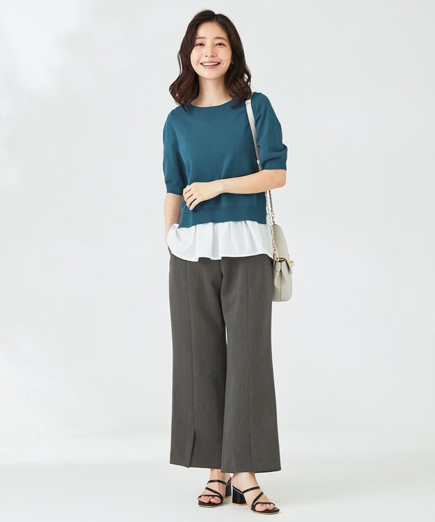 ANY SIS 【洗える】シャツテール ニットＴシャツ ダークグリーン