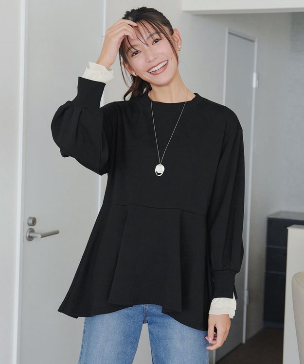 Tiaclasse 【吸水発熱・洗える】袖口ドッキングカットソープルオーバー ブラック