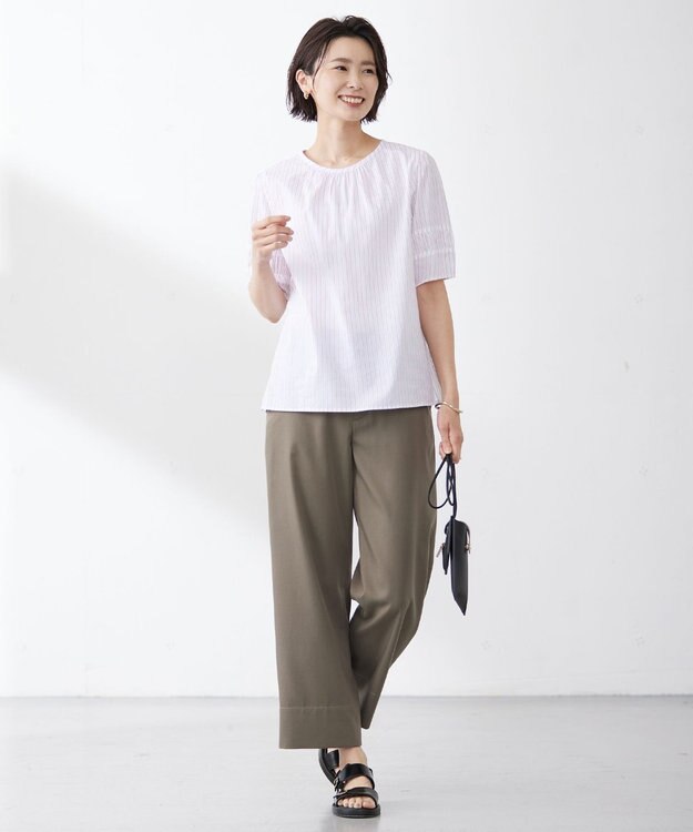 J.PRESS LADIES 【洗える】BEZ空羽ストライプ クルーネック ブラウス ピンク系1