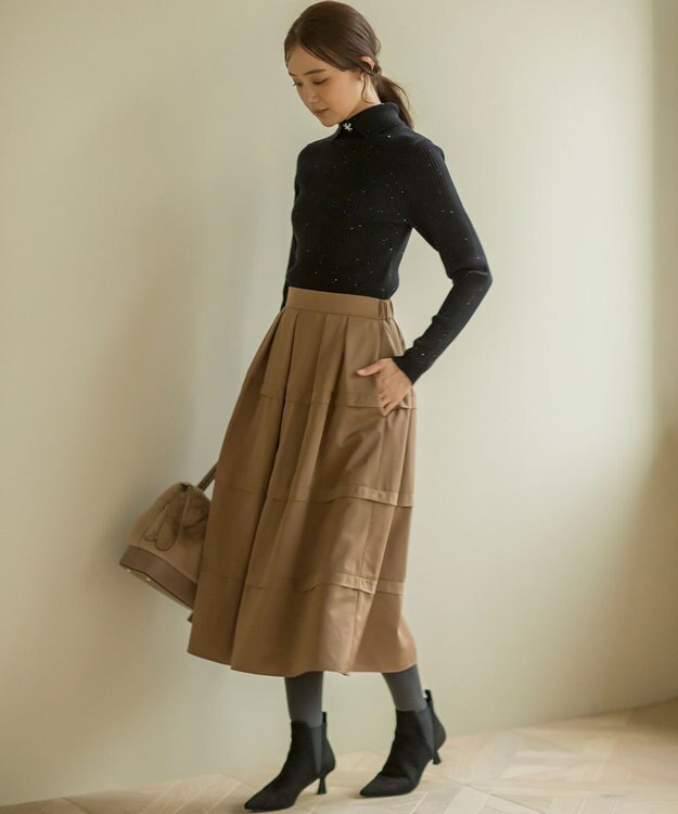 組曲 フリルタフタ フレアスカート モカブラウン系