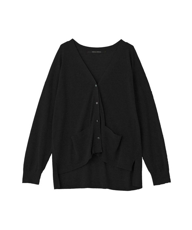 YECCA VECCA ハイゲージミドル丈Vネックカーディガン Black