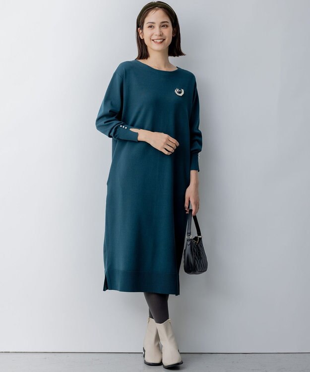 組曲 L 【WEB限定】コクーンシルエット ニットワンピース ダークグリーン系