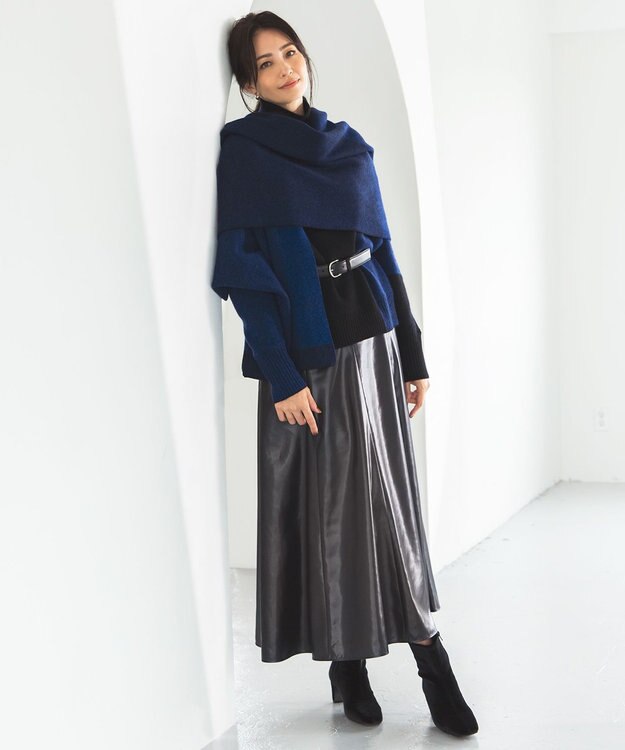 ICB L 【洗える】サテンワックスヴィンテージ フレアスカート ブラック系