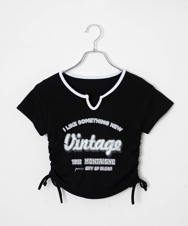 WEGO 配色サイドギャザーVネックT ブラック