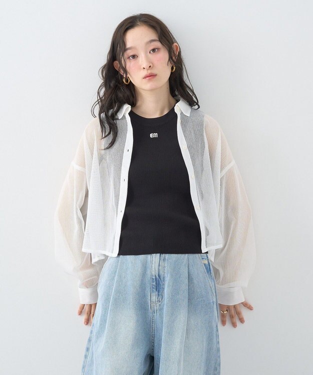 earth music&ecology メッシュストライプショートシャツ Off White