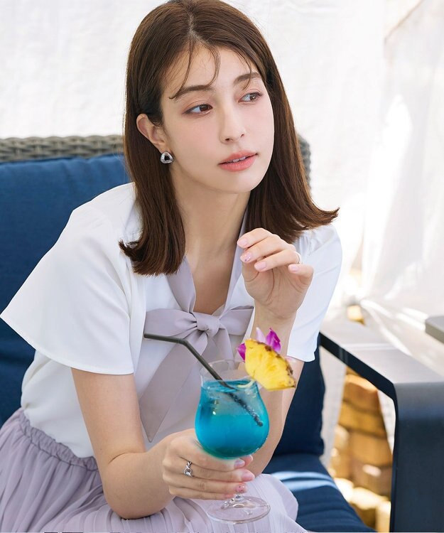 Tiaclasse 【洗える】配色リボンタイブラウス オフホワイト