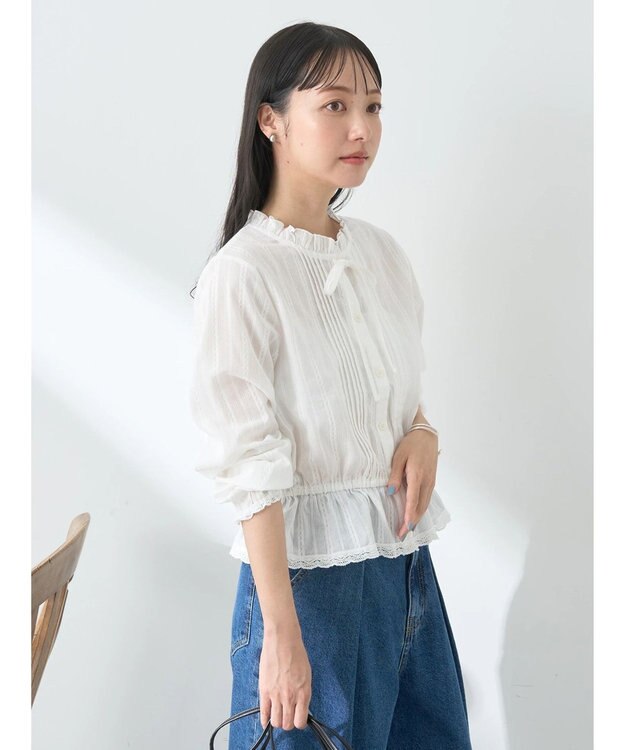 earth music&ecology ピンタックフリルブラウス Off White