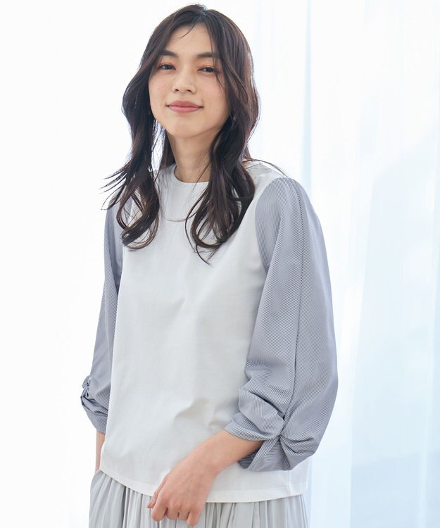 ANY 【洗濯機可/UVケア/アンチピリング】布帛ねじり袖コンビプルオーバー ホワイト×ストライプ