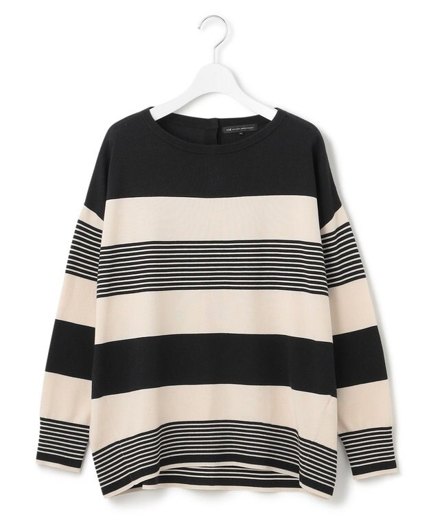 23区 L 【洗える】ウールコットンストレッチ オーバーサイズ ニット ブラック×ベージュ