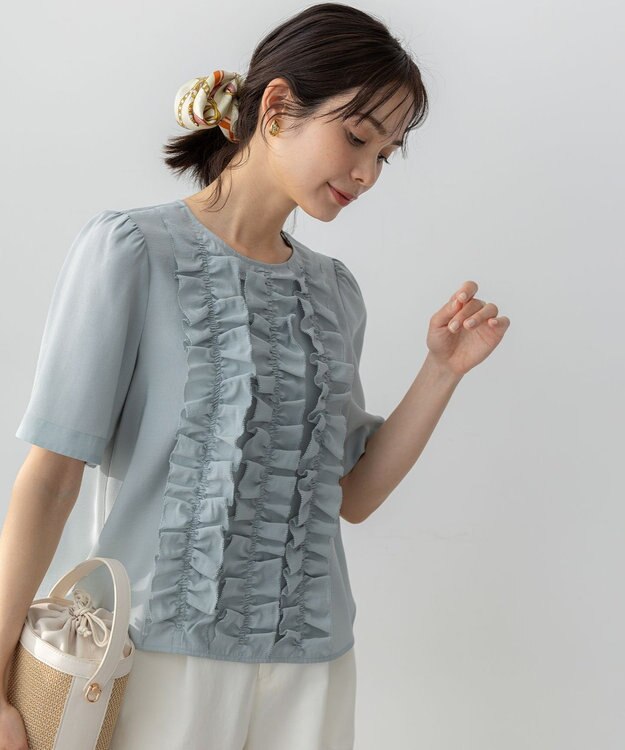 組曲 S 【WEB限定】ヴィンテージジョーゼットフリル ブラウス スモーキーミント系